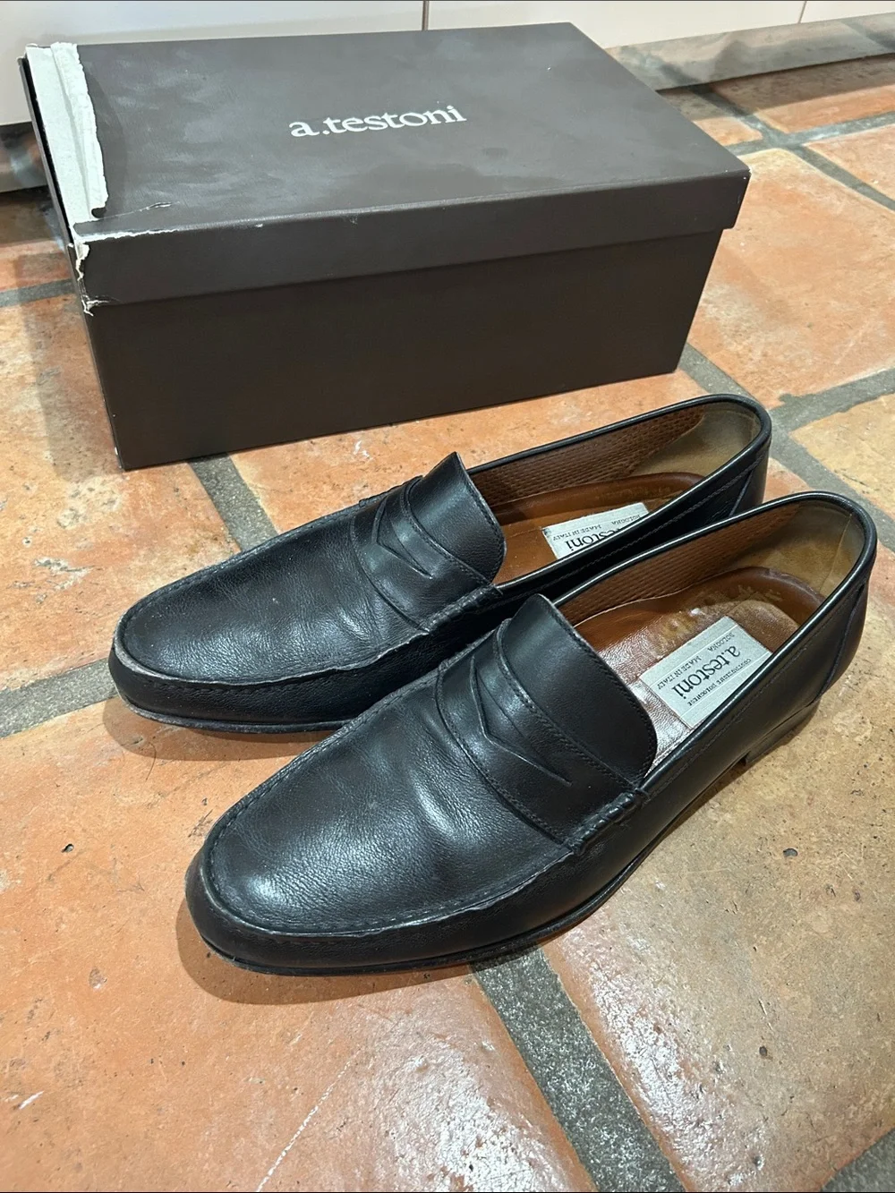 a. testoni Men's Black Leather Penny Loafers